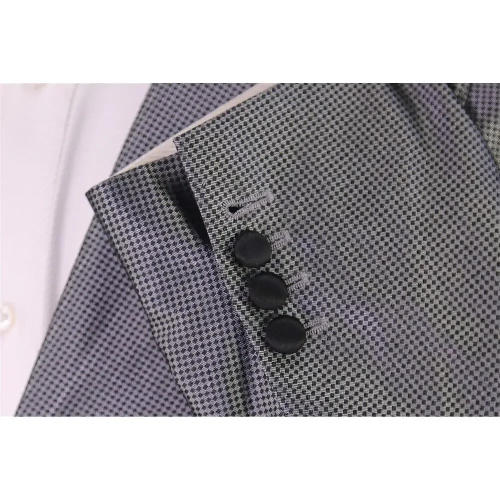 Sidohr Silver Check Silk Double Breasted Formal Masquerade Suit Handmade 44XL